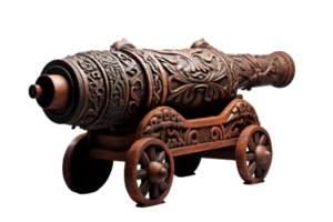 A wooden cannon is on a wooden cart. The cannon is carved with intricate designs and has a rustic appearance png