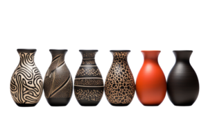 A row of vases with different designs and colors. The vases are arranged in a line, with some being taller and others shorter. The variety of shapes and colors creates a visually interesting display png