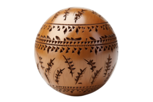 A wooden ball with a design of leaves and flowers. The ball is brown and has a unique pattern png