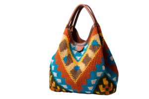 A colorful purse with a brown strap. The purse is made of a variety of colors and has a unique design png
