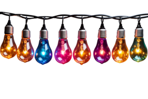 A string of colorful light bulbs hanging from a wire. The bulbs are of different colors and sizes, creating a vibrant and cheerful atmosphere png