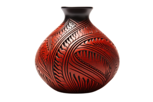 A red vase with a black base and a black rim. The vase is decorated with a pattern of leaves png