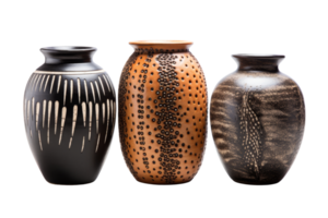 Three vases with different designs and colors. The first one is black and white, the second one is brown and white, and the third one is black and brown png