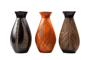 Three vases with different designs and colors. The vases are made of clay and have a unique pattern png