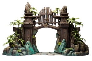 A bridge made of wood and stone with palm trees in the background. The bridge is surrounded by rocks and has a jungle-like atmosphere png