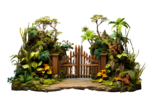 A tropical jungle scene with a wooden gate and a lush green forest. The gate is open, inviting visitors to explore the jungle. The scene is peaceful and serene, with the sounds of birds png