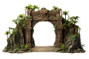 A large archway with a jungle setting. The archway is made of stone and has a lot of greenery surrounding it. The scene is set in a tropical environment with palm trees and lush vegetation png