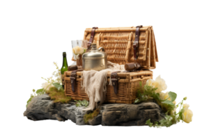 A basket of food and drink is displayed on a rock. The basket is made of wicker and has a lid. The basket is filled with a variety of items, including a bottle, a cup, and a teapot png