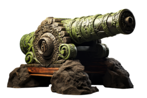 A large green cannon sits on a rocky surface. The cannon is old and has a unique design. The scene is set against a white background, which emphasizes the contrast between the green cannon png