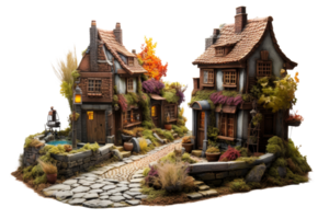 A small town with two houses and a path in between. The houses are brown and have a rustic feel. The path is made of stone and has a garden in front of one of the houses. The scene is peaceful png