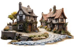 A small village with two houses and a stone walkway. The houses are old and have a rustic feel. The village is surrounded by a stone wall and has a stone path leading to it png