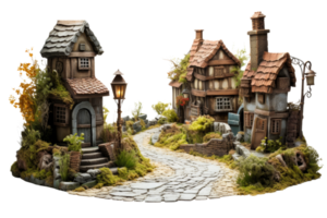 A small village with a path between two houses. The houses are old and have a rustic feel. The path is lined with grass and there is a lamp post on the side. The scene gives off a peaceful png