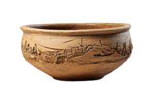 A large brown bowl with a design of a village and a fence. The bowl is made of clay and has a rustic look to it png