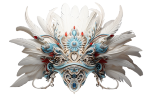 A large, ornate, white headpiece with blue and red feathers. The feathers are arranged in a way that creates a sense of movement and flow. Scene is elegant and sophisticated png