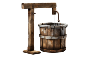 A wooden bucket with a metal pipe attached to it. The bucket is filled with water and the pipe is dripping water. The image has a rustic and old-fashioned feel to it png