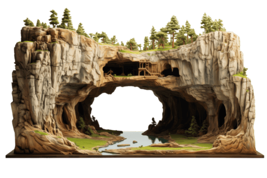 en modell av en berg med en grotta och en bro. de scen är fredlig och lugn, med de bro och grotta tillhandahålla en känsla av äventyr och utforskning png