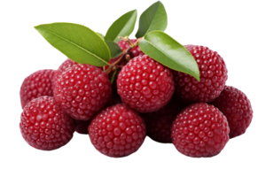 A bunch of red raspberries with green leaves on top. The raspberries are small and round, and they are piled on top of each other. The leaves are green and add a pop of color to the image png