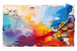 A painting with a brush and a palette of colors. The painting is a mix of different colors and has a lot of texture png
