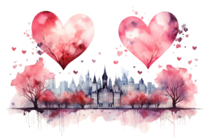 Two hearts are floating in the sky above a city with a large building in the background. The city is surrounded by trees and the sky is filled with pink and white clouds. Concept of love and romance png