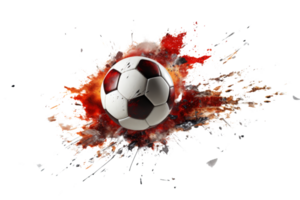 A soccer ball is surrounded by red and black paint splatters. The splatters are in various sizes and shapes, creating a chaotic and energetic atmosphere. Concept of action and excitement png