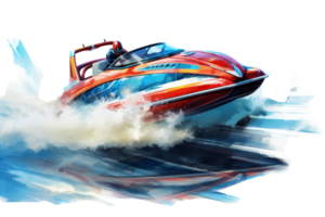A red speed boat is in the water, with a man in the driver's seat. The boat is moving fast and leaving a wake behind it. Concept of excitement and adventure, as well as the thrill of water sports png