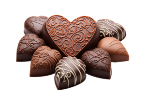 A collection of heart-shaped chocolates with white chocolate drizzle. The chocolates are arranged in a heart shape, with some overlapping and others standing alone. Concept of love and indulgence png