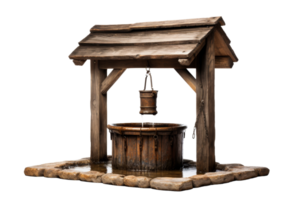 A wooden structure with a metal bucket hanging from it. The bucket is filled with water and the structure is surrounded by a stone base. The image has a rustic and natural feel to it png