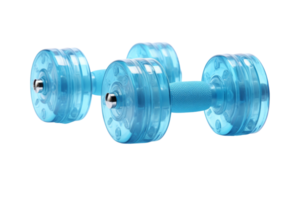 Two blue dumbbells with a silver handle. The dumbbells are made of plastic and are blue in color png