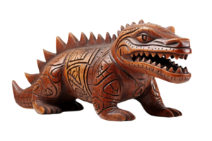 A wooden crocodile with a mouth open and teeth showing. The crocodile is carved and has a unique design png
