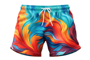 A colorful pair of shorts with a design of flames. The shorts are bright and colorful, with a design that looks like a fire. The shorts are made of a stretchy material png