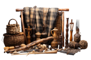 A collection of items including a basket, a blanket, and a wooden stick. The items are arranged in a way that creates a sense of nostalgia and warmth png