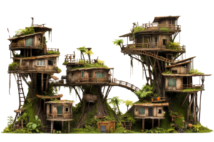A row of small houses with a bridge in between them. The houses are made of wood and are covered in moss png