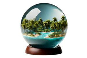 A glass globe with a blue ocean and palm trees. The scene is peaceful and serene. The blue water and green palm trees create a tropical atmosphere. The globe is placed on a wooden stand png