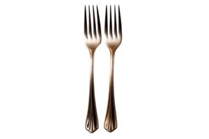 Two forks are shown on a white background. The forks are silver and have a decorative design. Concept of elegance and sophistication png