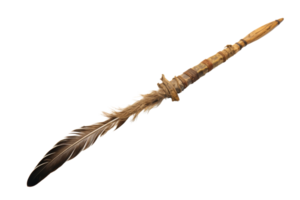 A long, thin, wooden object with feathers on it. It is brown and has a natural, rustic appearance png