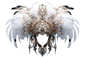 A white and gold headpiece with feathers and jewels. The feathers are arranged in a way that creates a sense of movement and elegance. Scene is one of luxury and sophistication png