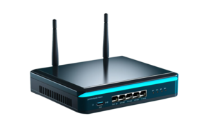 High-tech wireless router with multiple Ethernet ports and antennae, suitable for home and office networking solutions. png