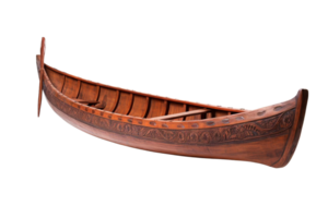 A wooden boat with a carved design on the side. The boat is long and narrow, with a pointed front. The design on the boat is intricate and detailed, giving it a sense of history and craftsmanship png