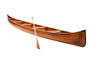 A wooden canoe with a paddle on it. The canoe is decorated with a design of a bird png