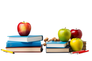 A stack of books with apples on top and a pencil on the bottom. The apples are green and red and the books are blue png