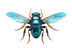Beautiful digital illustration of a blue metallic bee with transparent wings, displaying a combination of nature and technology in insect form. png