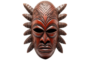 A wooden mask with feathers on it. The mask is brown and has a feathery design png
