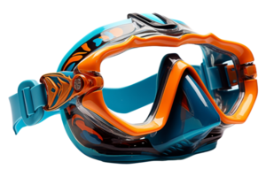 A pair of goggles with a blue strap and orange lens. The goggles are designed for underwater use png