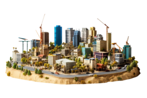 A model of a city with a lot of construction going on. The buildings are tall and there are many cranes in the background. The city is bustling with activity png
