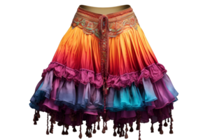A colorful skirt with a colorful belt. The skirt is multi-colored and has a lot of fringes png