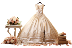 A white dress with a bow is hanging on a hanger. A table with a vase of flowers and a candle is in the background png