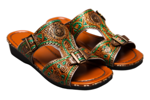 A pair of sandals with a green and brown design. The sandals are made of leather and have a gold buckle png