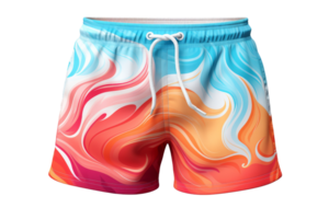 A pair of colorful shorts with a flame design. The shorts are orange, blue, and white png