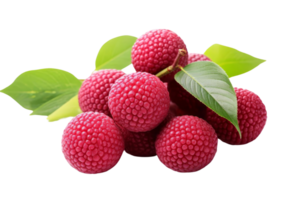 A bunch of red raspberries with green leaves. The raspberries are small and round, and they are arranged in a pile. The leaves are green and add a pop of color to the scene png