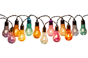 Colorful string lights with glowing bulbs in various hues on a black background. Ideal for festive, party, or decorative lighting concepts. png